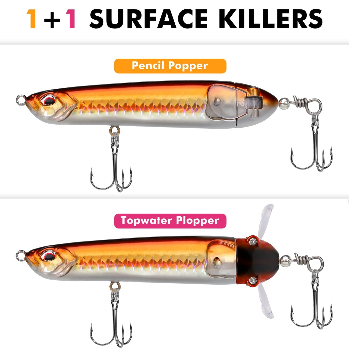 TRUSCEND Pencil Fishing Lures with Double Floating Rotating Tail, Surface Pencil Popper, Long Cast Premium Bass Bait with Rattle, Fishing Teasers Swimbaits for Freshwater Saltwater