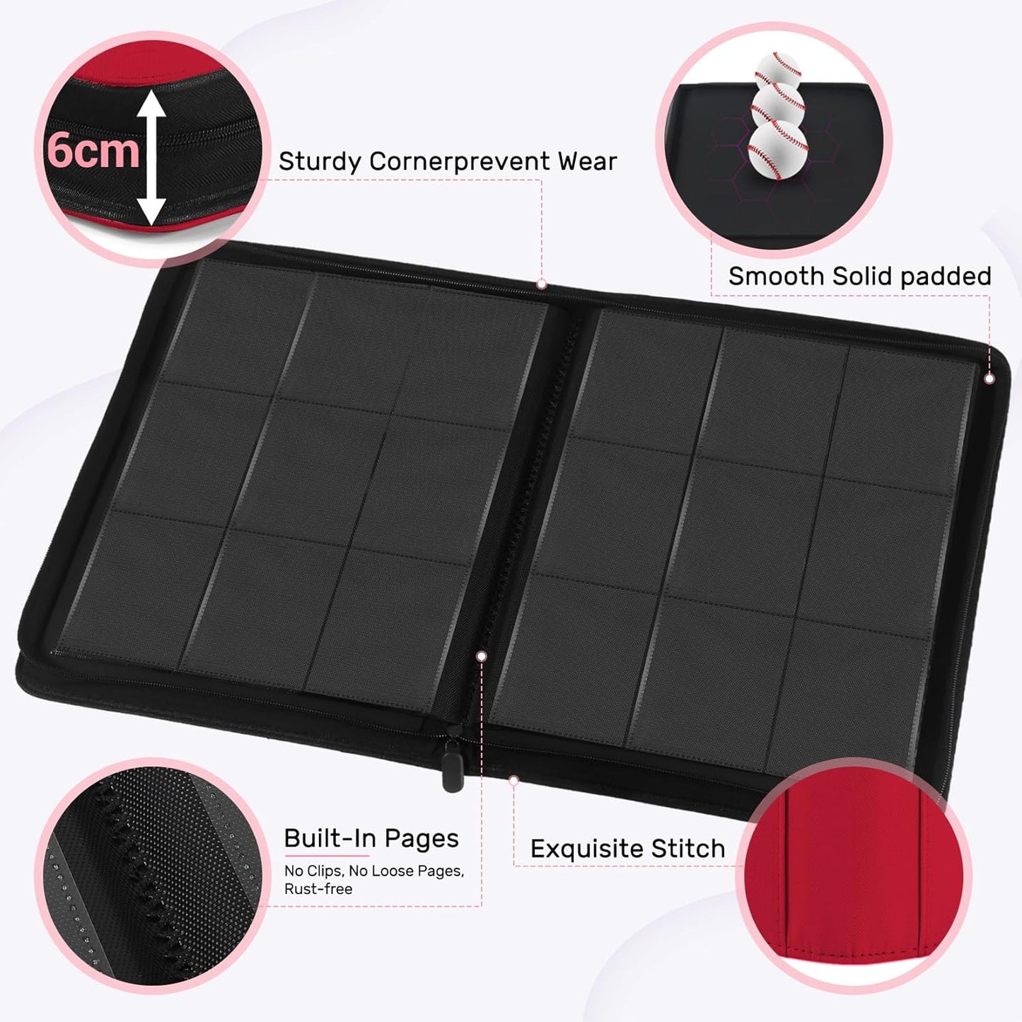 12 Pocket Card Binder, Zipper Trading Card Binder, 720 Large Capacity Side Loading Non-Ring Card Album, Double Sided Acid-Free Card Protector Binder, Card Collection for TCG, MTG, Sport Card, Pink