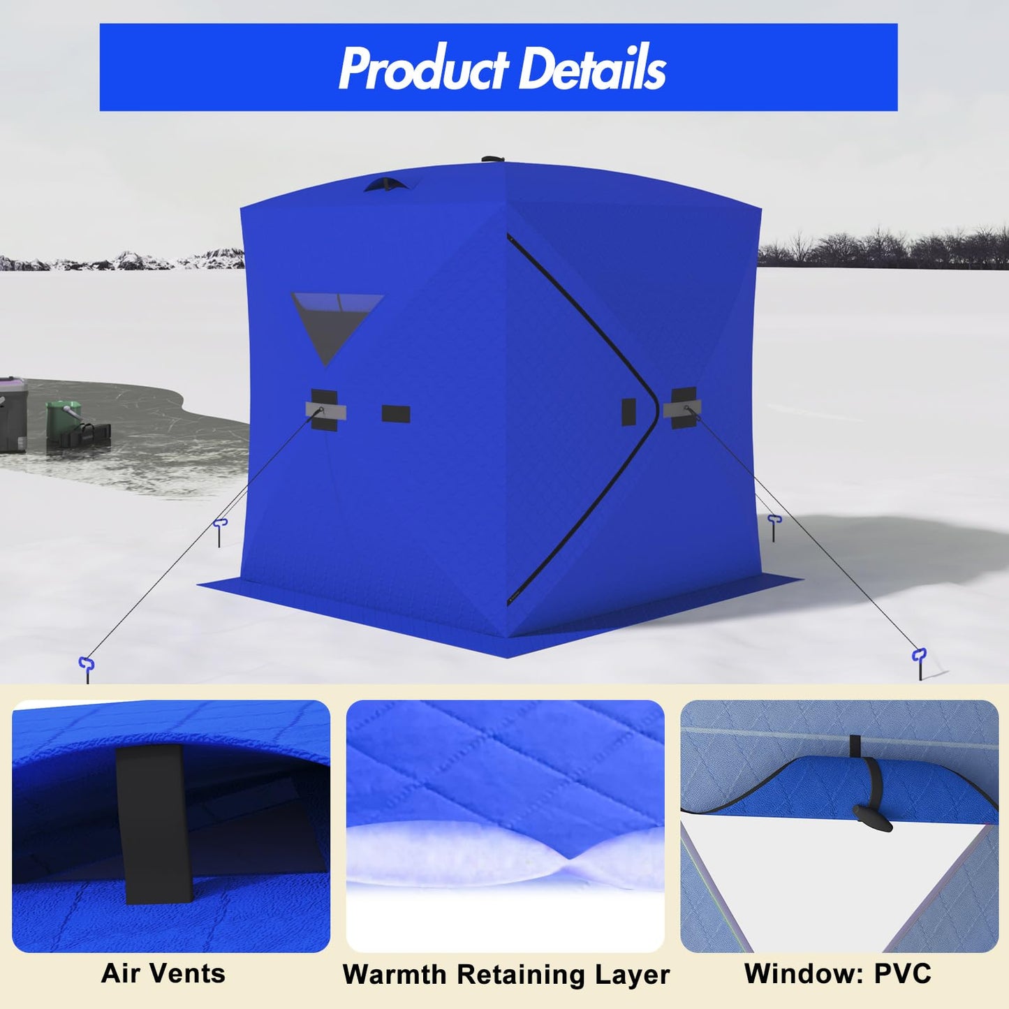 Insulated Pop-Up Ice Fishing Tent - Portable Hub-Style Shelter with 2 Zipper Doors for 3-4 People, Durable Oxford Fabric with Cotton Padding Ice Shack for Winter Fishing Trip, Blue