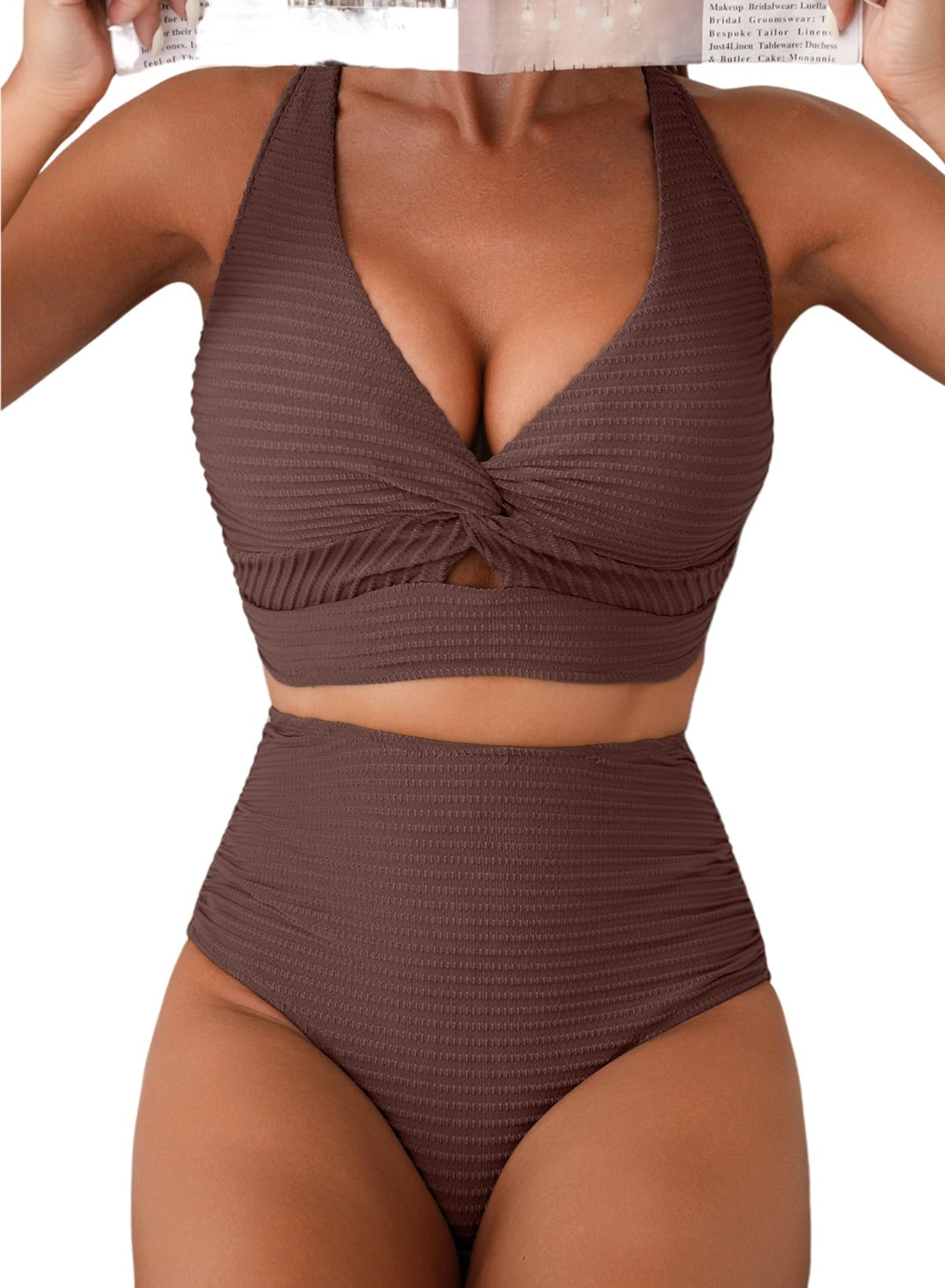 Herseas Textured Bikini Sets for Women 2026 Summer V Neck Top 2 Piece Swimming Suit High Rise Bikini Bottom Tummy Control Bathing Suit Slimming Resort Wear Dark Brown Medium