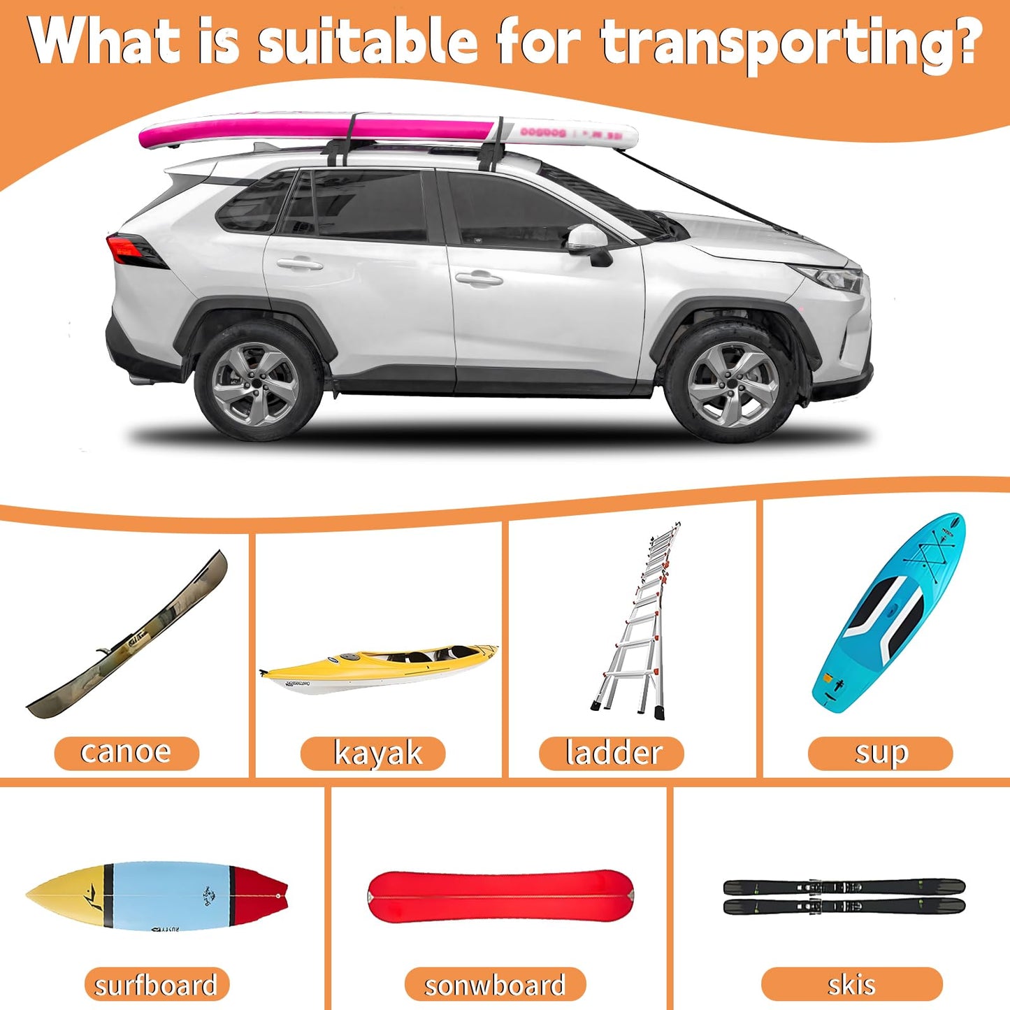 LASUK Universal Soft Roof Rack Pads for Kayak SUP Surfboard Snowboard Canoe, Heavy Duty Car Roof Rack System with 2 Tie Down Straps, 4 Quick Loop Straps, 2 Hood Loops, Tie Down Ropes and Storage Bag