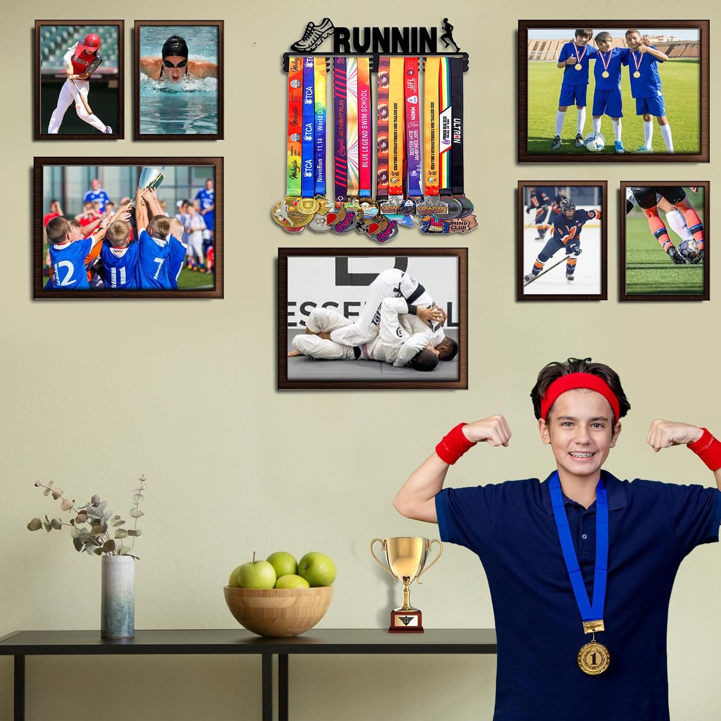 Custom Medal Hanger Display Rack - Personalized Metal Sports Awards Organizer with Name for Wall 60+ Race Plaques Display for Athlete Kids Gymnastic,Run,Soccer,Baseball,Football,Hockey,Basketball
