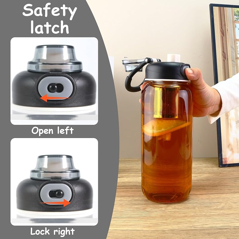 34 Oz Glass Water Bottle with Infuser, Time Mark, SUS Tea Strainer, BPA Free – Large Capacity