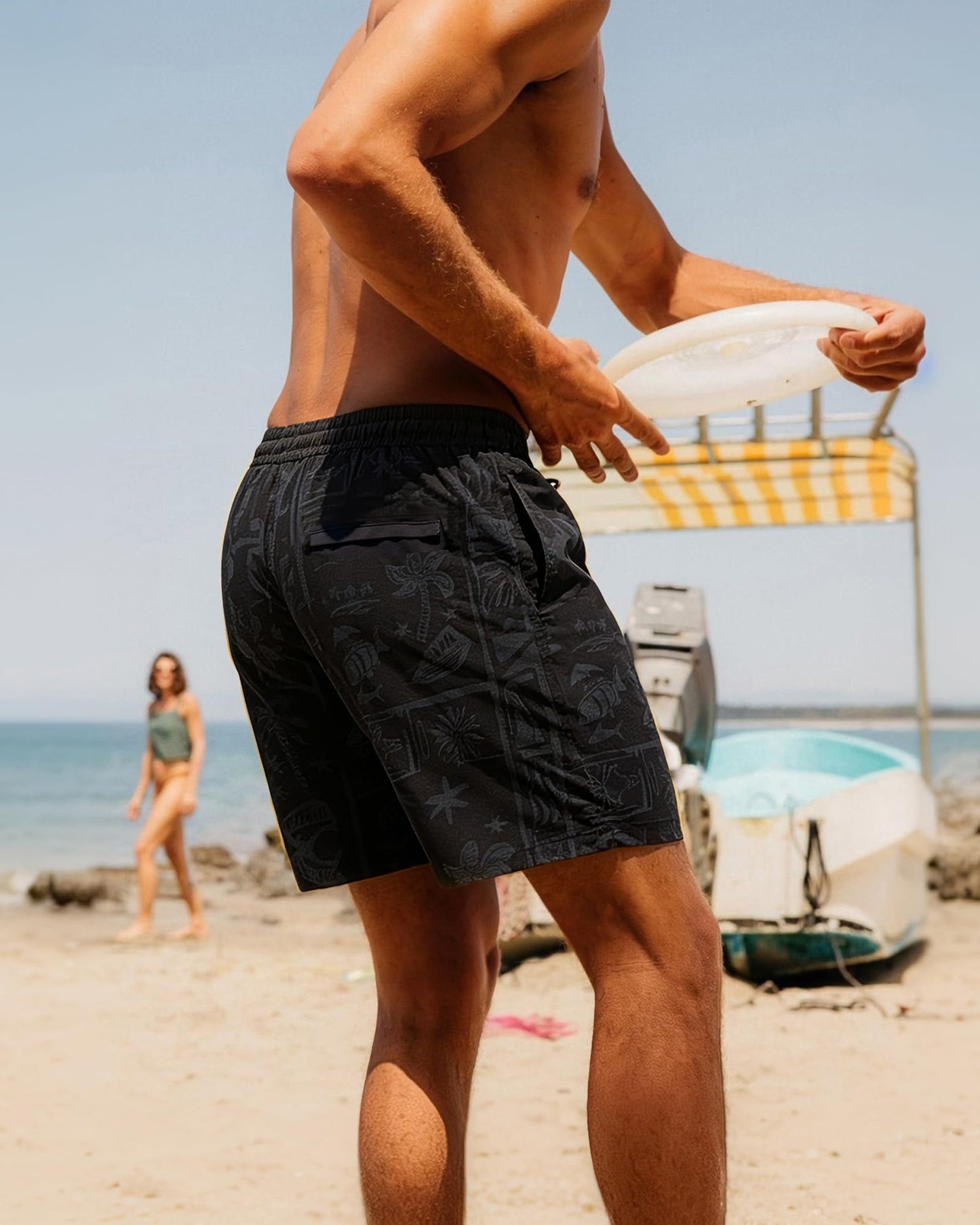 SURF CUZ Mens Swim Trunks with Compression Liner Quick Dry Swim Shorts 7" Swimming Trunks Stretch Zipper Pockets,Cool Coast,XL