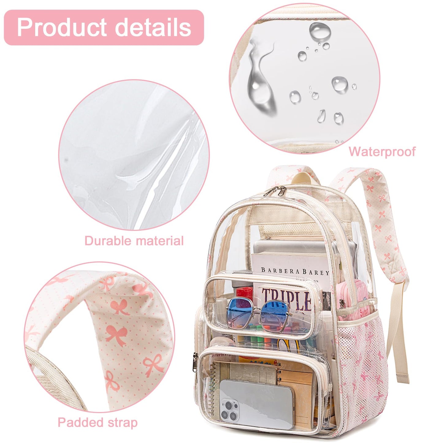 BTOOP Clear Backpack Heavy Duty Transparent Backpack 17" See Through Bookbag for College Work Festival Security with Padded Strap Large Capacity