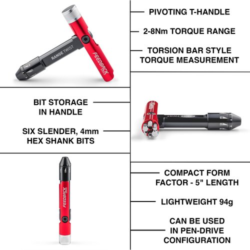 Feedback Sports | Range Twist Torque Wrench (2-8Nm) | Includes 10 Fastener Sizes in 6 S2 Steel Bits | For Bicycle Maintenance and Repair