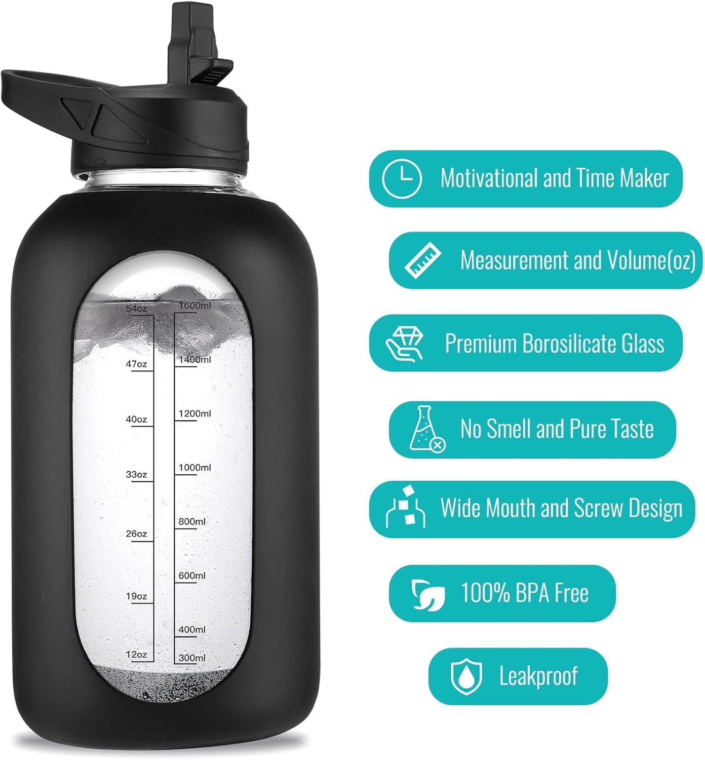 EALGRO 64 oz Glass Water Bottle With Straw and Handle, Half Gallon Sports Motivational Water Jug Flask with Silicone Sleeve, Large Water Cup with Time Marker for Travel, Gym, Dark Blue