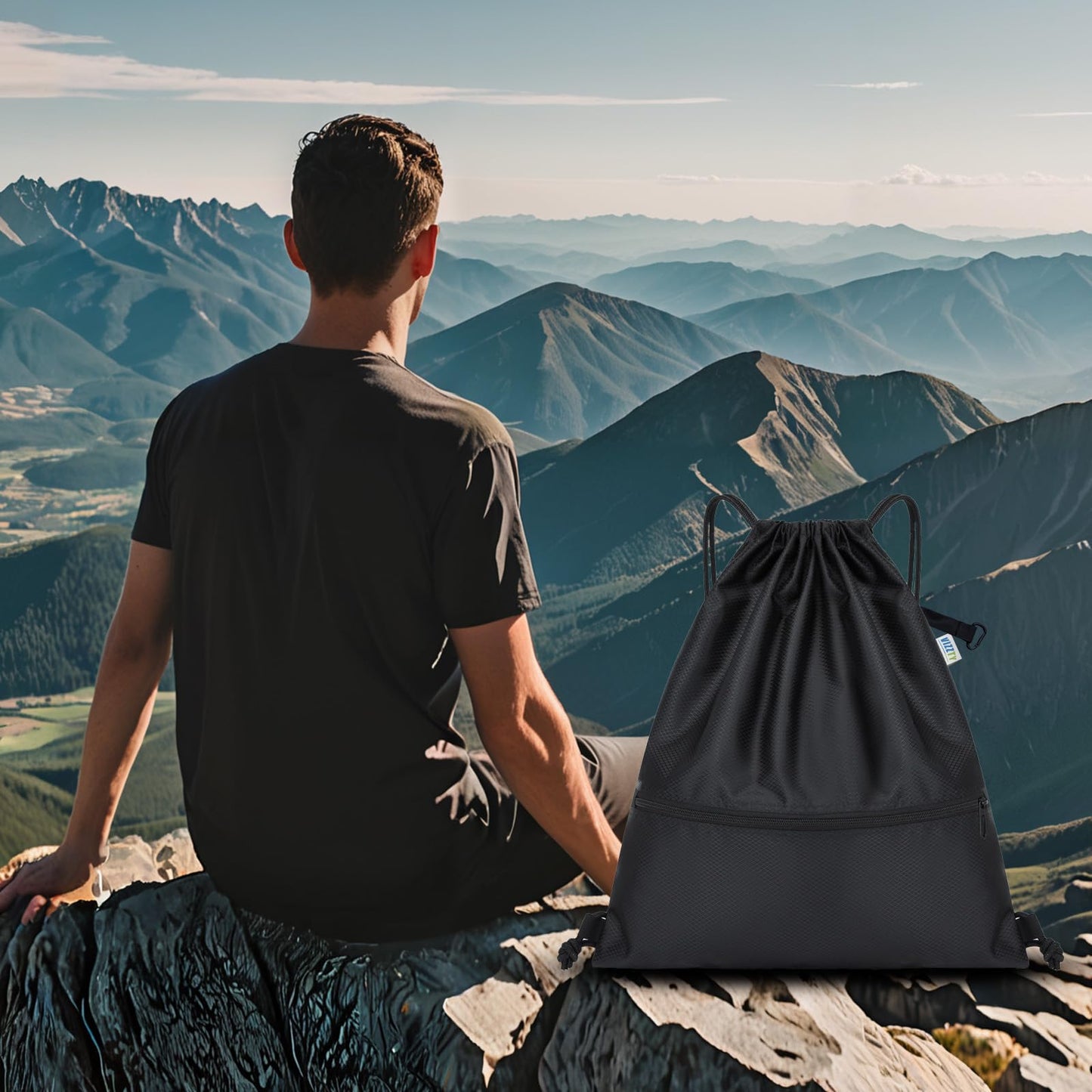 VIZZTY Drawstring Backpack Sport Gym Bag for Women ＆ Men,beach bag，Waterproof Lightweight Backpack With Outer Storage，Best workout bag for dance/hiking/soccer/basketball (Black)