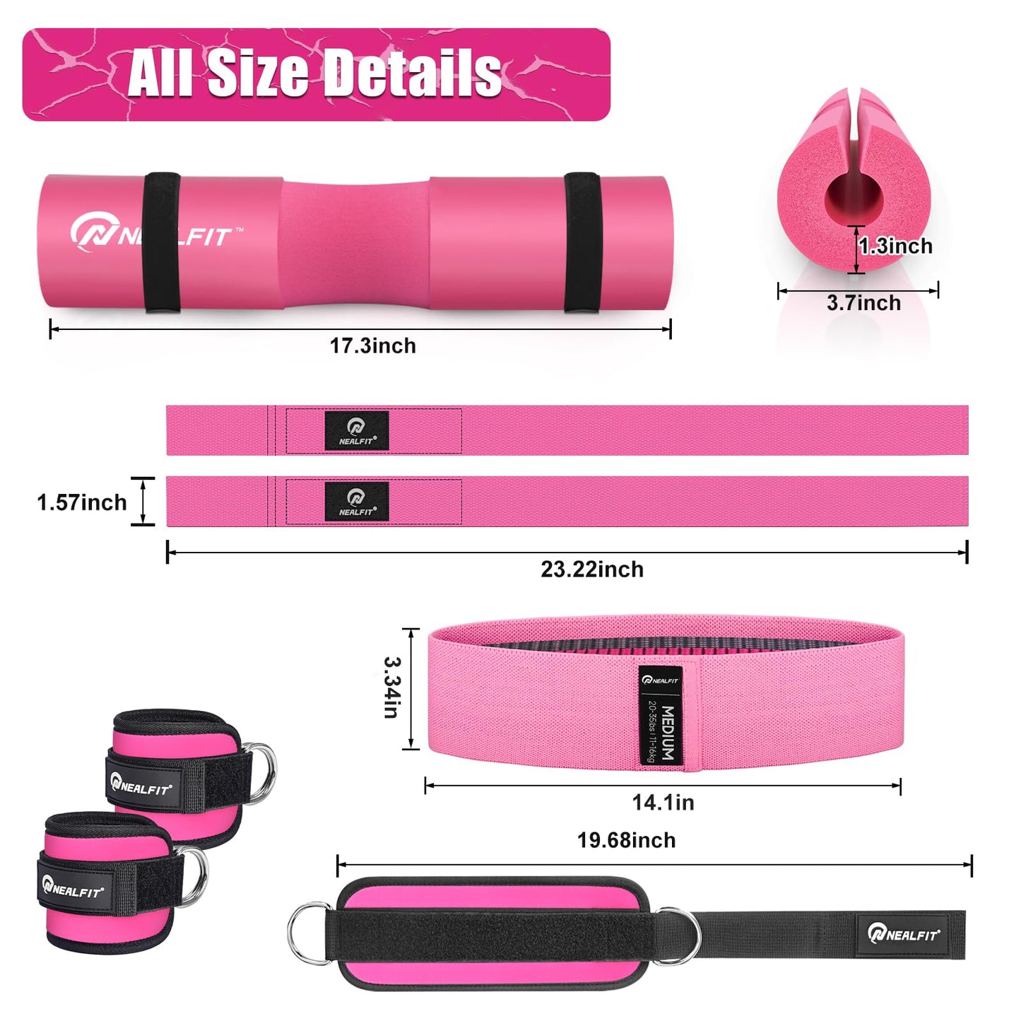 NEALFIT Barbell Pad Set for Squat & Hip Thrust - Extra Thick High Density Neck & Shoulder Support Cushion - Olympic Bar Pad for Weightlifting, Gym, Home Workouts (Pink)