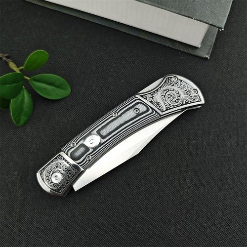 Assisted Opening EDC Pocket Knife for Men, D2 Stainless Steel Blade, Lock-back Tactical Knife with Mikata Handle, Button Folding Knife for Camping (Grey)