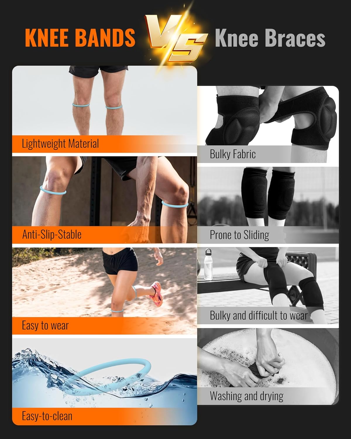2PCS Patellar Tendon Support Strap for Knee Pain Relief, Knee Bands for Basketball, Running, Tennis, Soccer and Hiking, Silicone Patella Band for Women and Men, Includes Storage Bag (Black)