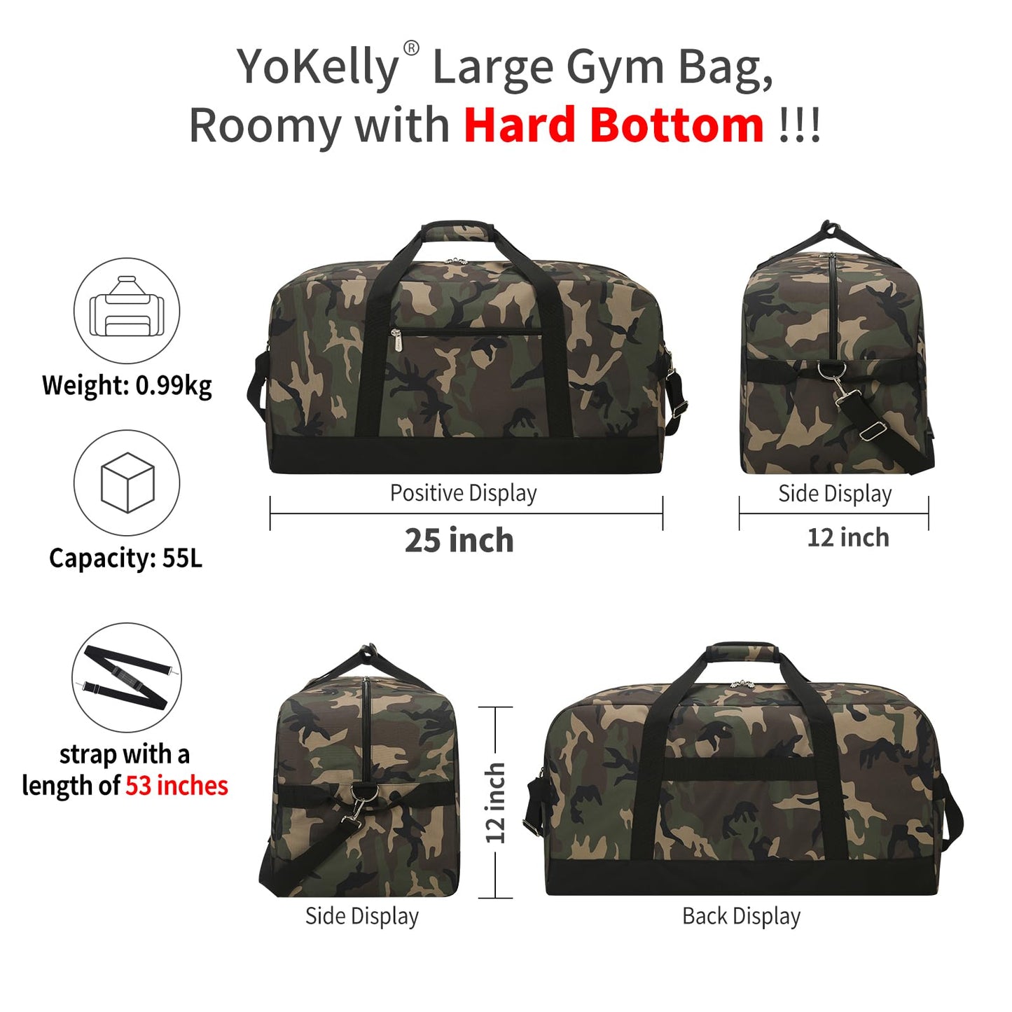YoKelly 55L Large Duffle Bag for Men Travel - 25 inch Sports Duffel Bag with Hard Bottom - Camo