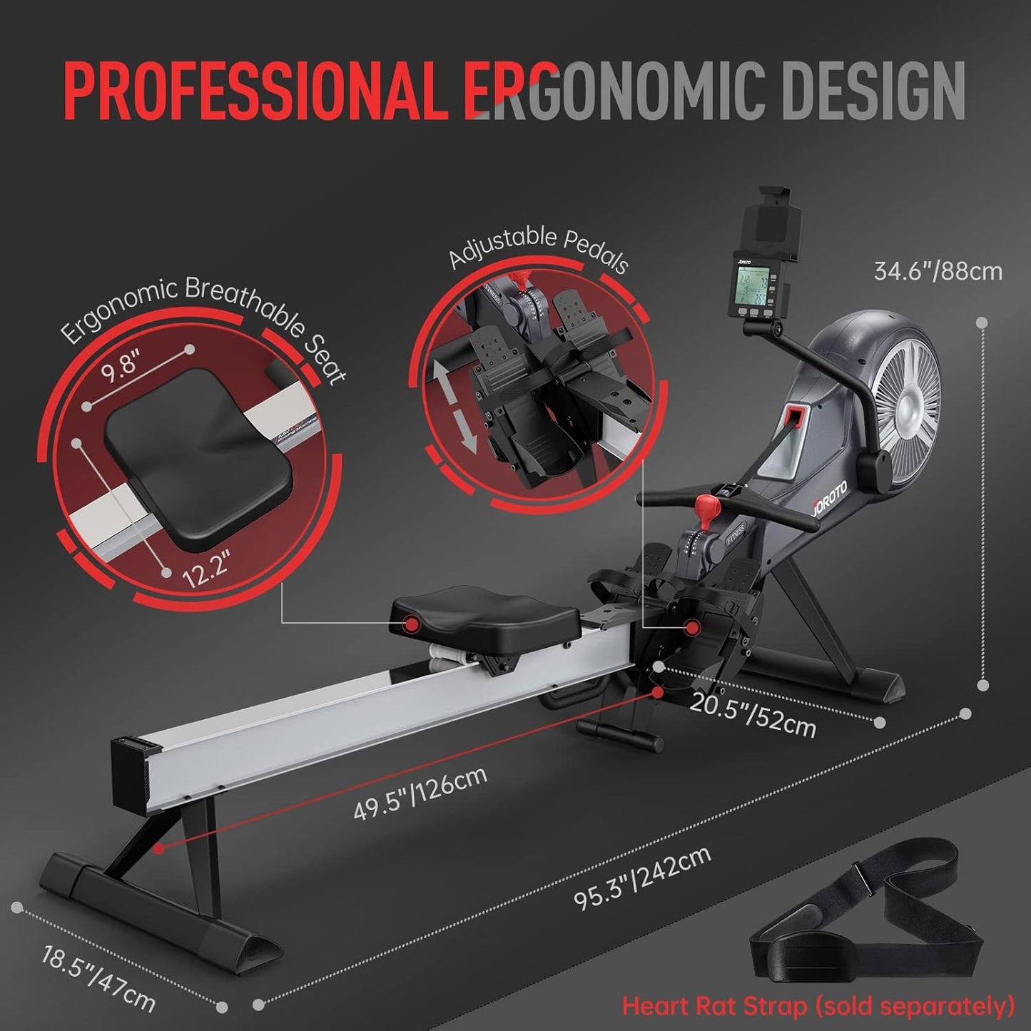 JOROTO Rowing Machine for Home Foldable, Air Magnetic Rowing Machines with 10-Level Adjustable Resistance, Quiet Ergonomic Seat，Bluetooth App, Max 350LBS, Space-Saving Home Gym, Gray