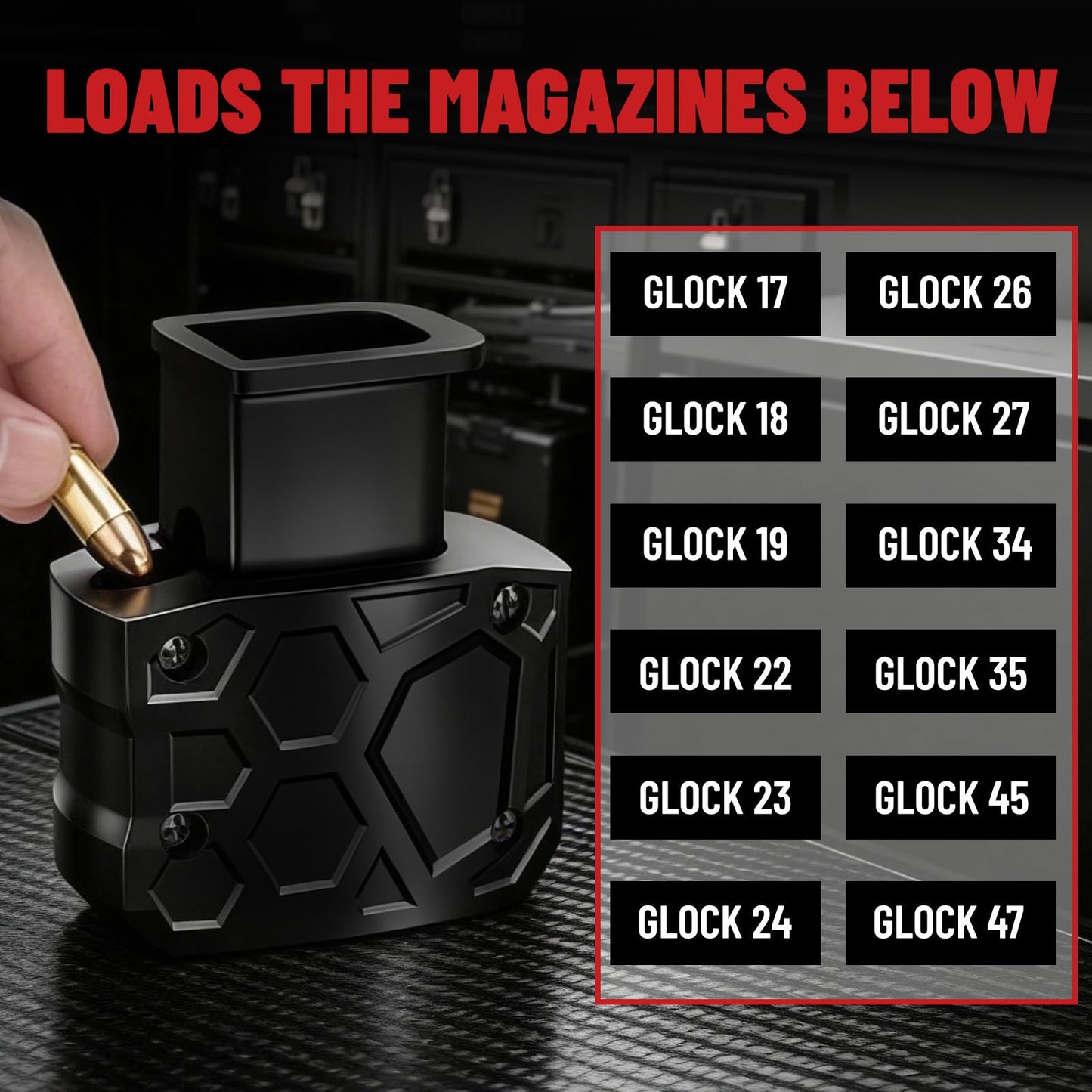 Jevuoyee Universal Speed Loader for 9mm & .40 SW - 2-Step Rapid Magazine Loader Compatible with Glock 17/19/22/23/26/34/45/47 & More, Effortless & Jam-Free Reloading, Perfect Shooting Gift (Black)
