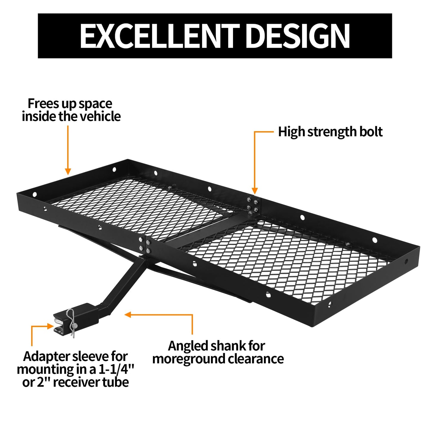 48 x 20 Tray Hitch Cargo Carrier,Hitch Mount Cargo Basket - 300 LBS Capacity, 1-1/4" & 2" Universal Adapter Shank, Carbide Black Powder Coat - Fits Cars, SUVs, Trucks