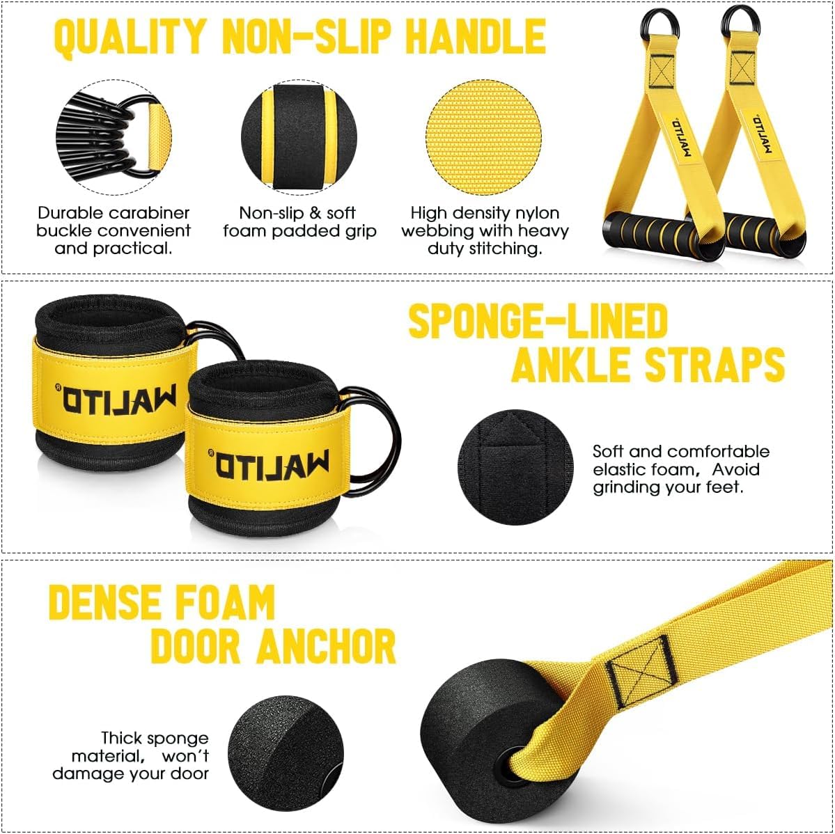 WALITO Resistance Bands Set - Exercise Bands with Handles, Door Anchor, Legs Ankle Straps, for Heavy Resistance Training, Physical Therapy, Muscle Training, Yoga, Home Workouts, Gym (Yellow 300Lbs)