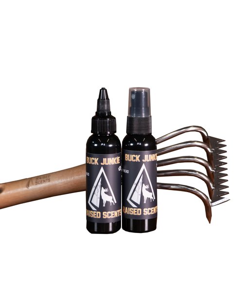 The Rub Tree Special - Buck Junkie Oil & Spray + Rub n' Scrape Rake | Natural Gland-Based Application Kit for Scrapes and Rub Post Setups | Raised Scents