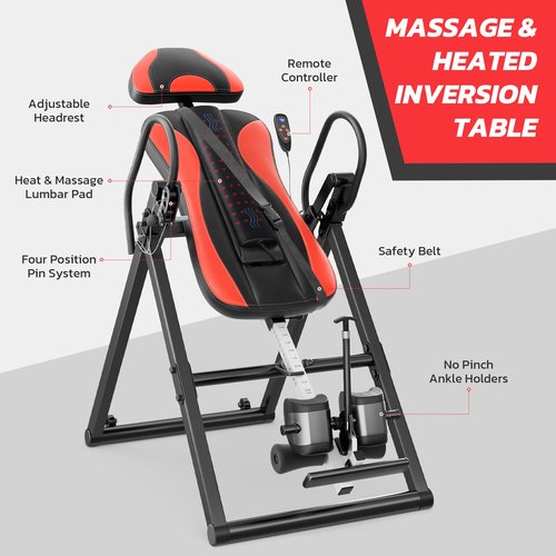 YOLEO Inversion Table Training Equipment Massage & Heat Inversion Table ITM280 Back Pain Relief Equipment w/Remote Control, Reversible Ankle Holders, Heavy Duty up to 320lbs (Red)