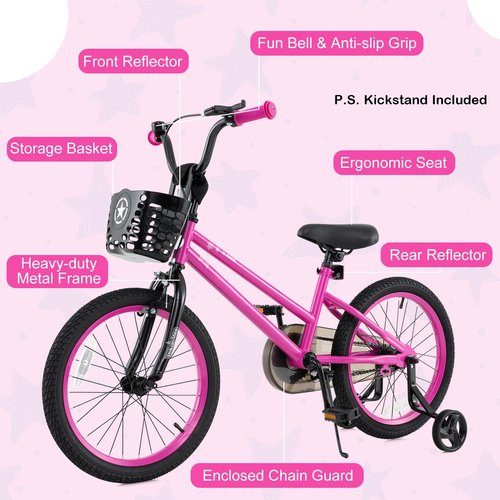 BABY JOY Starry Kids Bike, 12 14 16 18 Inch Bicycle with Training Wheels, Storage Basket, Adjustable Handlebar & Seat, Handbrake & Coaster Brake, Girls Boys Bike (18 Inches, Kickstand, Pink)