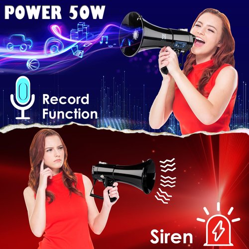 MGROLX 50w Rechargeable Megaphone Bullhorn | Loud Speaker Supports Bluetooth, USB, SD, AUX Input | Built-in Siren and Recording | for Police, Outdoor and Cheerleading (Black)