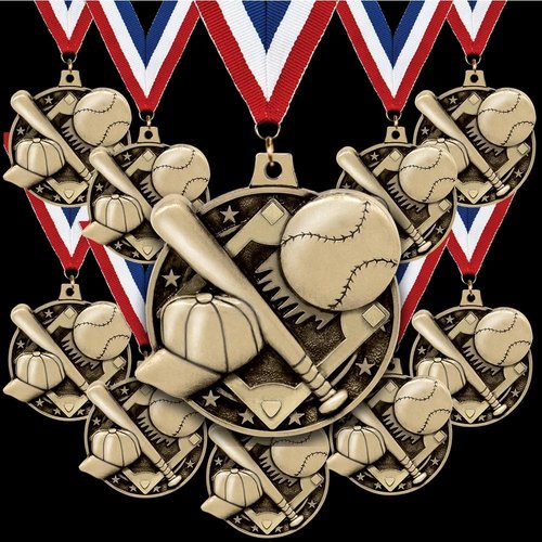 Baseball Medals 10 Pack, 2" Gold Baseball T-Ball Softball Team Medal Awards