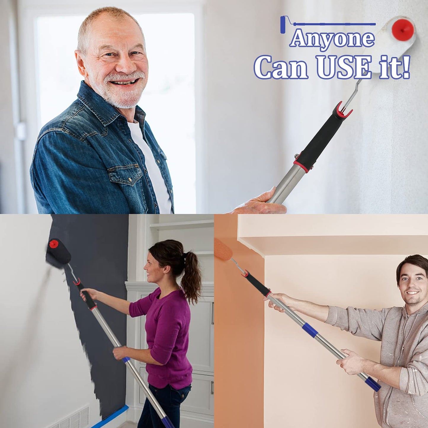 FLY HAWK Paint Roller,4 FT Brush kit Multi-Function Paint Roller kit with House Paint Roller Brush Stainless Steel Pole, New Splicing Rod, Mural Brush for Walls and Ceiling (White) (4 FT)