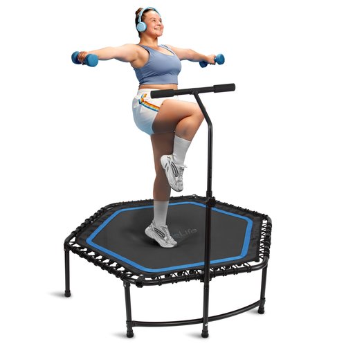 SereneLife 48" Foldable Mini Trampoline - Compact Fitness Trampoline for Kids Adults, Exercise Bungee Rebounder with Adjustable Foam Handle, Indoor/Garden Workout Equipment, Max Load 264 lbs