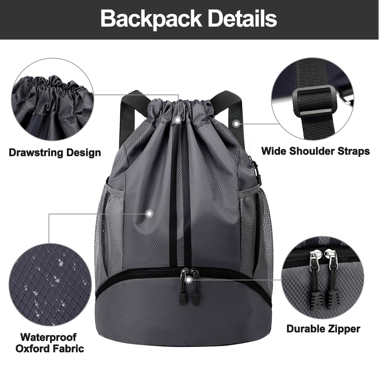 Hoedia Sports Drawstring Backpack - String Swim Gym Bag with Shoes Compartment and Wet Proof Pocket for Women and Men, Dark Grey