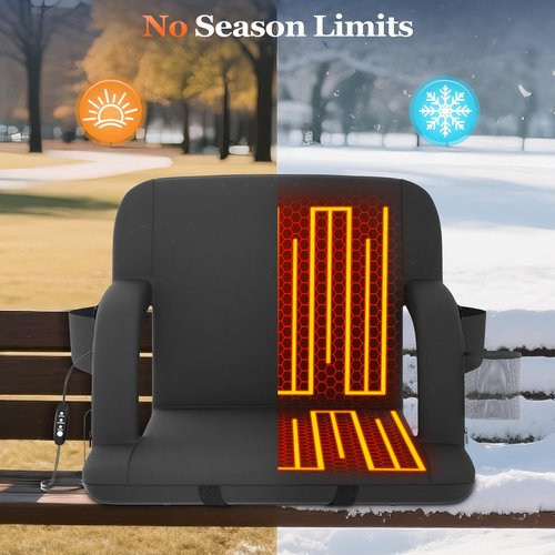 Seeutek Heated Stadium Seats with Back Support and Wide Cushions for Bleachers, Portable Bleacher Chairs with Backrest, USB 3 Levels and 5 Pockets Foldable Stadium Chairs, 1PC 25Inch