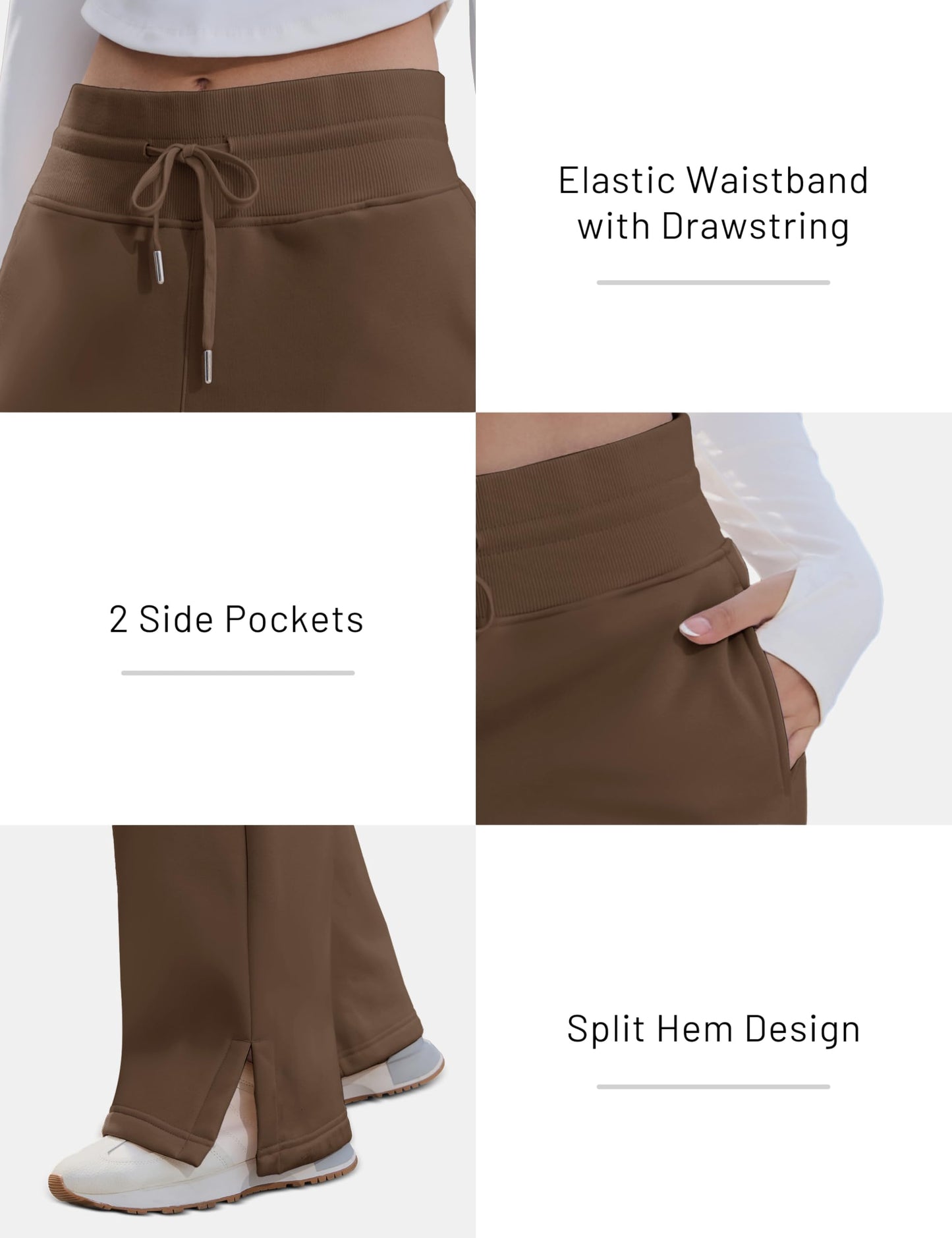 MAGCOMSEN Womens Fleece Lined Sweatpants Wide Leg Winter Warm Thermal Loose Cotton Lounge Pants with Pockets Brown S