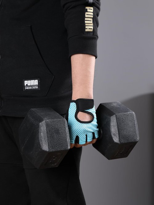Weightlifting Gloves Half Finger & Back of Hand Cutout, Denser Sponge, Non-Slip Palm, and Sweat-Wiping Towel Panel, Light Blue Size M