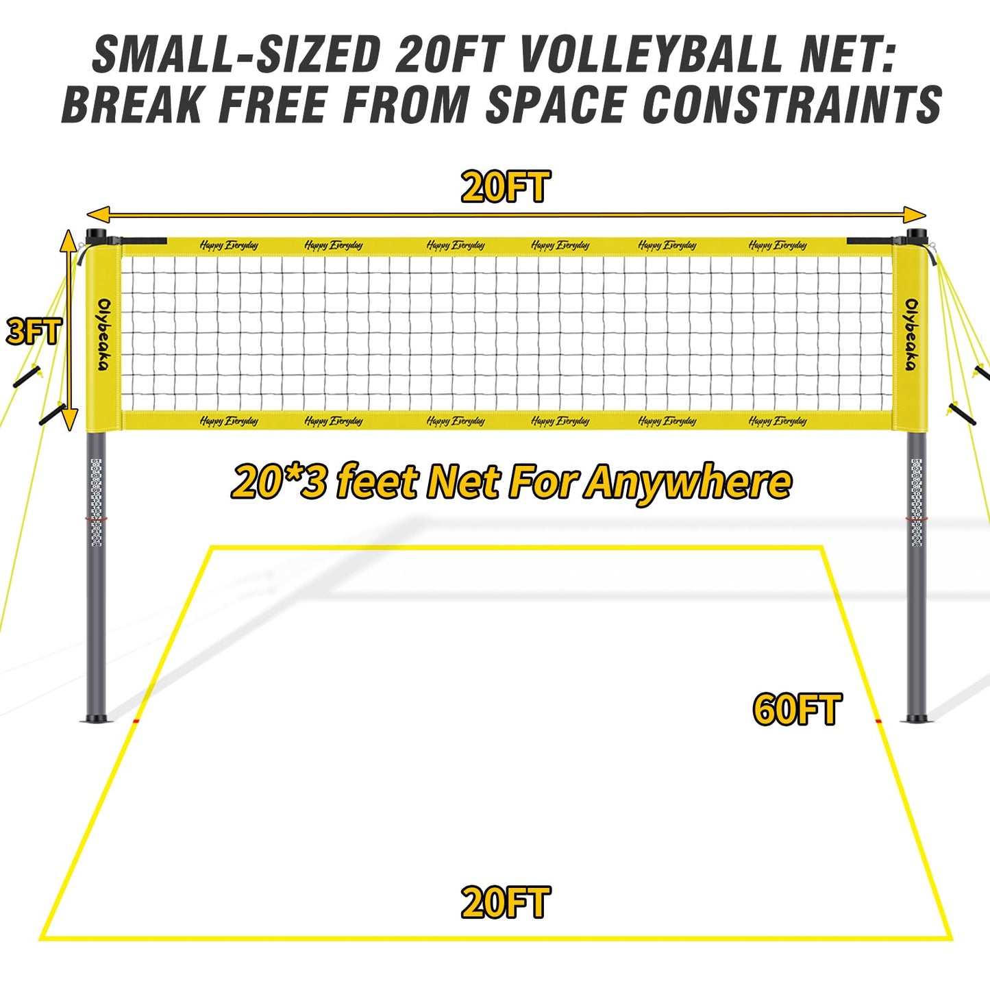 32ft / 20ft Portable Outdoor Volleyball Net Set for Grass Backyard Beach with 1.25" Height Adjustable Steel Poles, 28-ply Durable PE Net, PU Volleyball & Pump, Carry Bag (Yellow, 20ft)