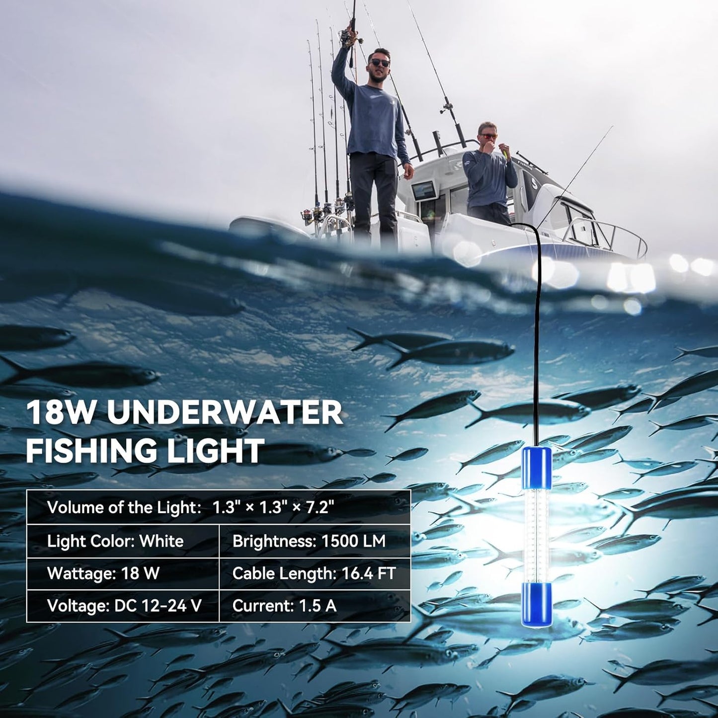 18W Underwater Fishing Light, IP68 Waterproof DC 12-24V LED Fish Bait Light Submersible Finder Attractants Lamp for Crappie Shrimp Squid Catfish + Battery Clamps, 16.4ft Cable Green/Blue/White Light