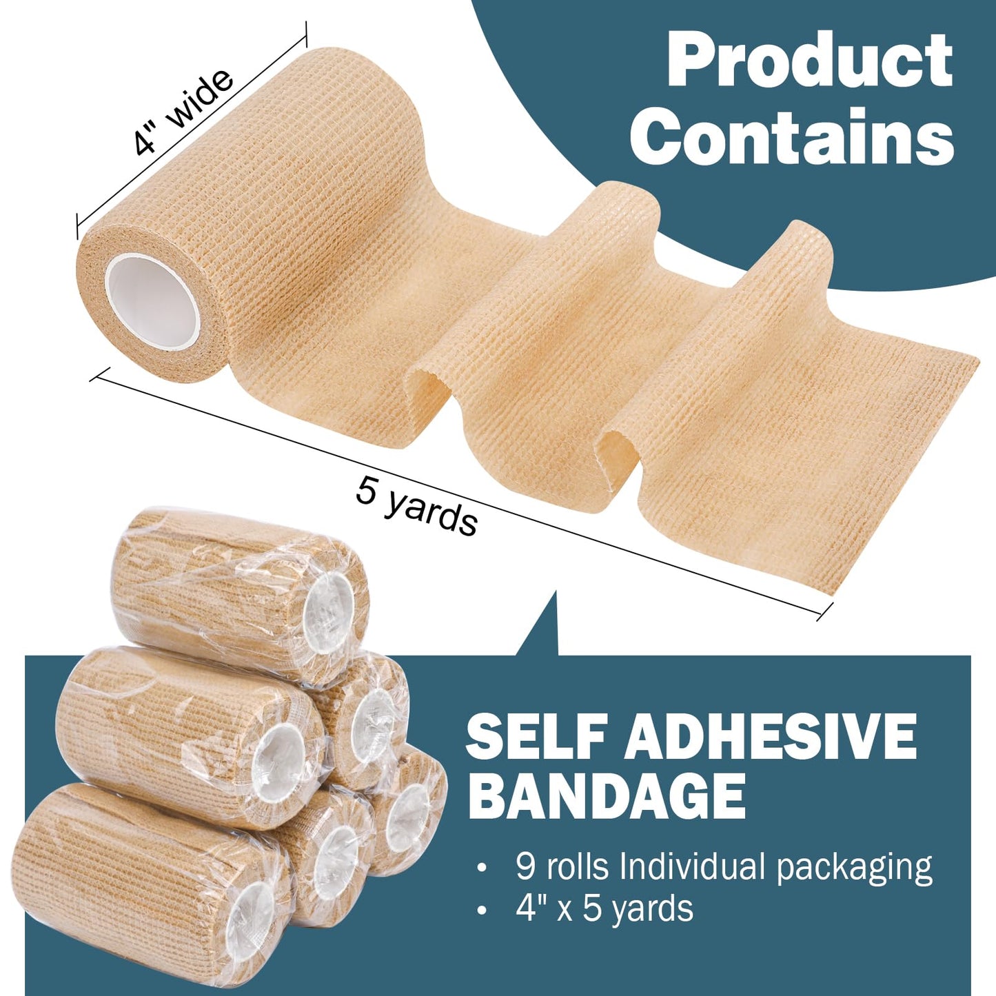 AZEN 9 Pack Self Adhesive Bandage Wrap, 4" X 5 Yards Elastic Cohesive Bandage Wrap, Skin Color Athletic Tape, Ankle Tape, Tattoo Grip Tape Wrap, Vet Wrap