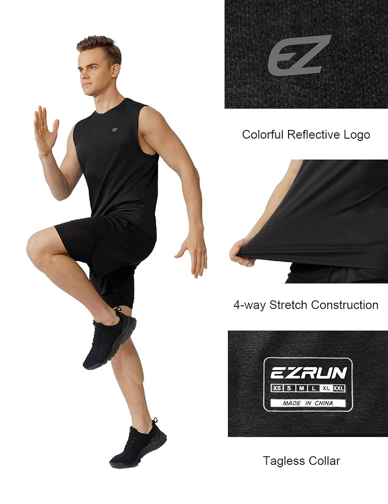 EZRUN UPF 50+ Men’s Sleeveless Quick-Dry Workout Shirt - Black XL