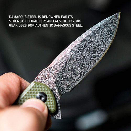704 Gear Midnight Scout EDC Folding Pocket Knife with Damascus Steel Blade | Full Sized 3.35" Drop Point | Blood Sandalwood