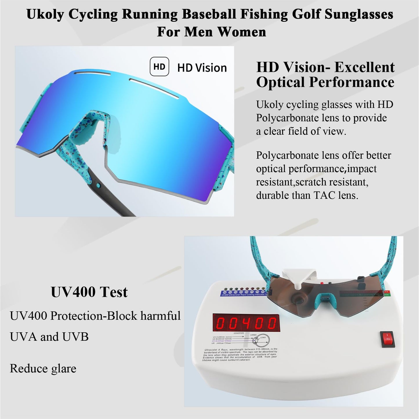 Ukoly Sport Sunglasses for Men and Women,HD PC Lens UV400 Protection