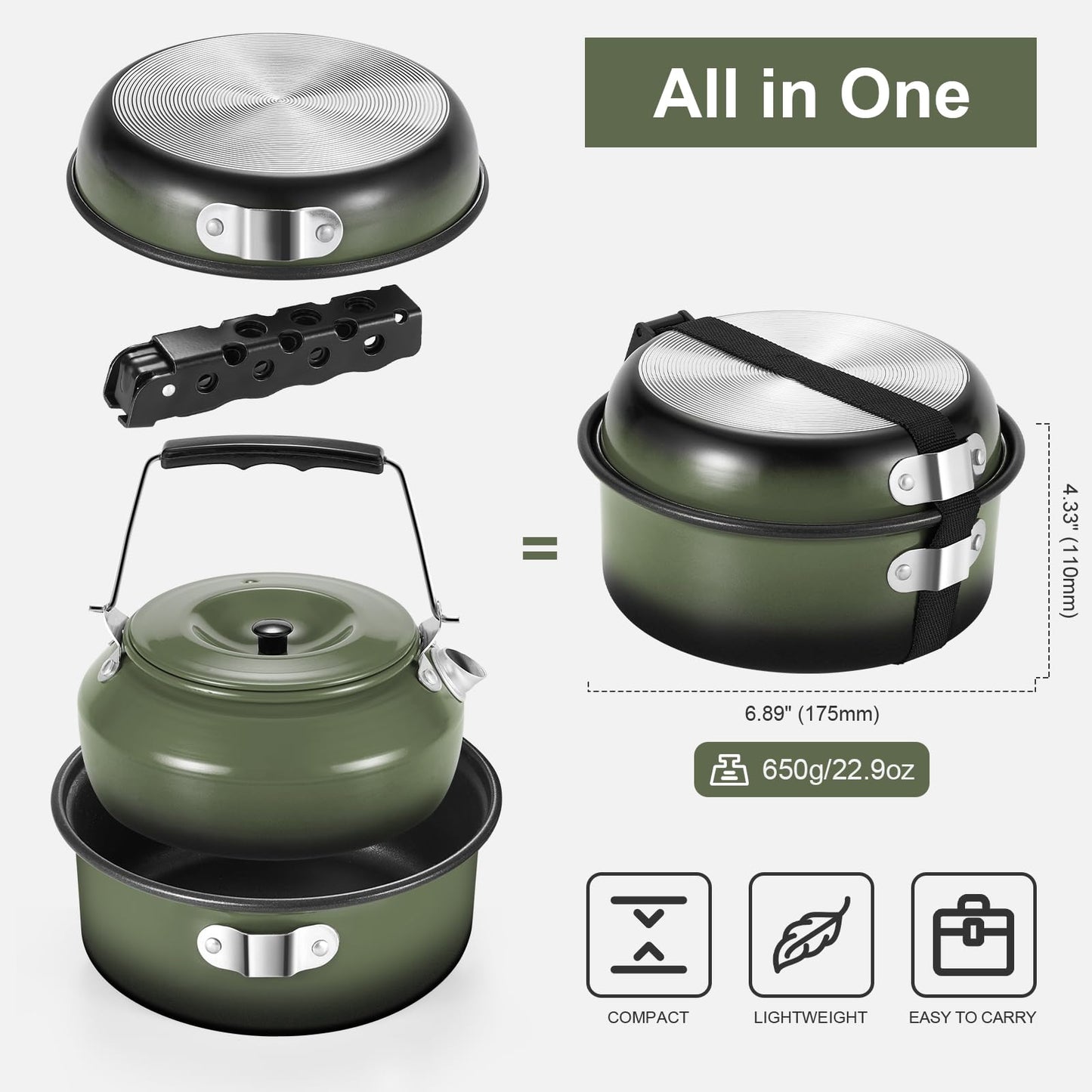 Odoland 5pcs Camping Cookware Non-Stick Camping Pot and Pan Set with Kettle and Removable Handle for Hiking Backpacking and Picnic(Green)