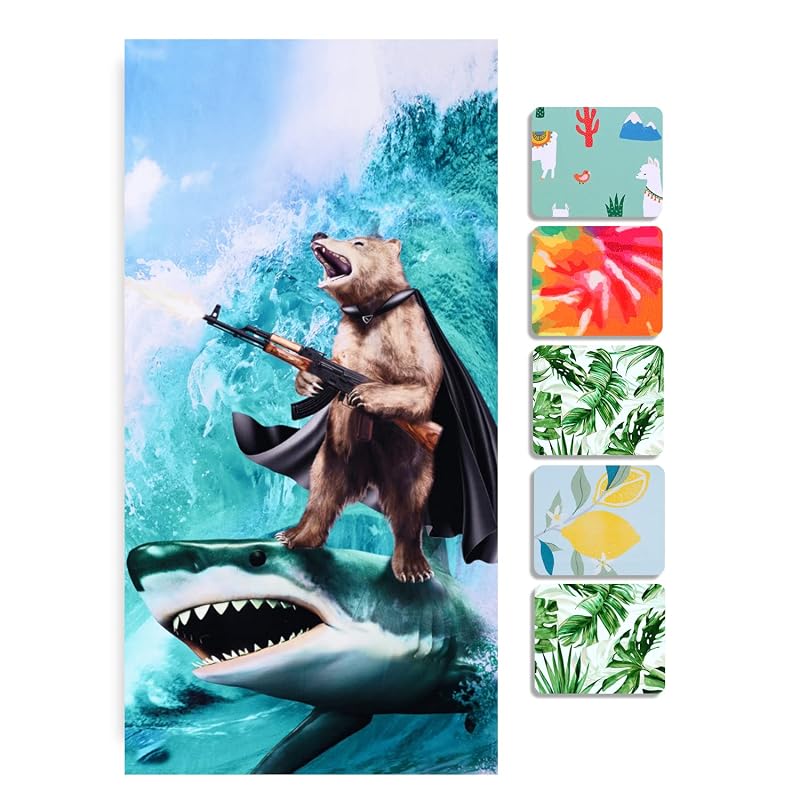 Shark Bear Beach Towel 30 x 60 in | Oversized Microfiber Quick Dry Sand Free