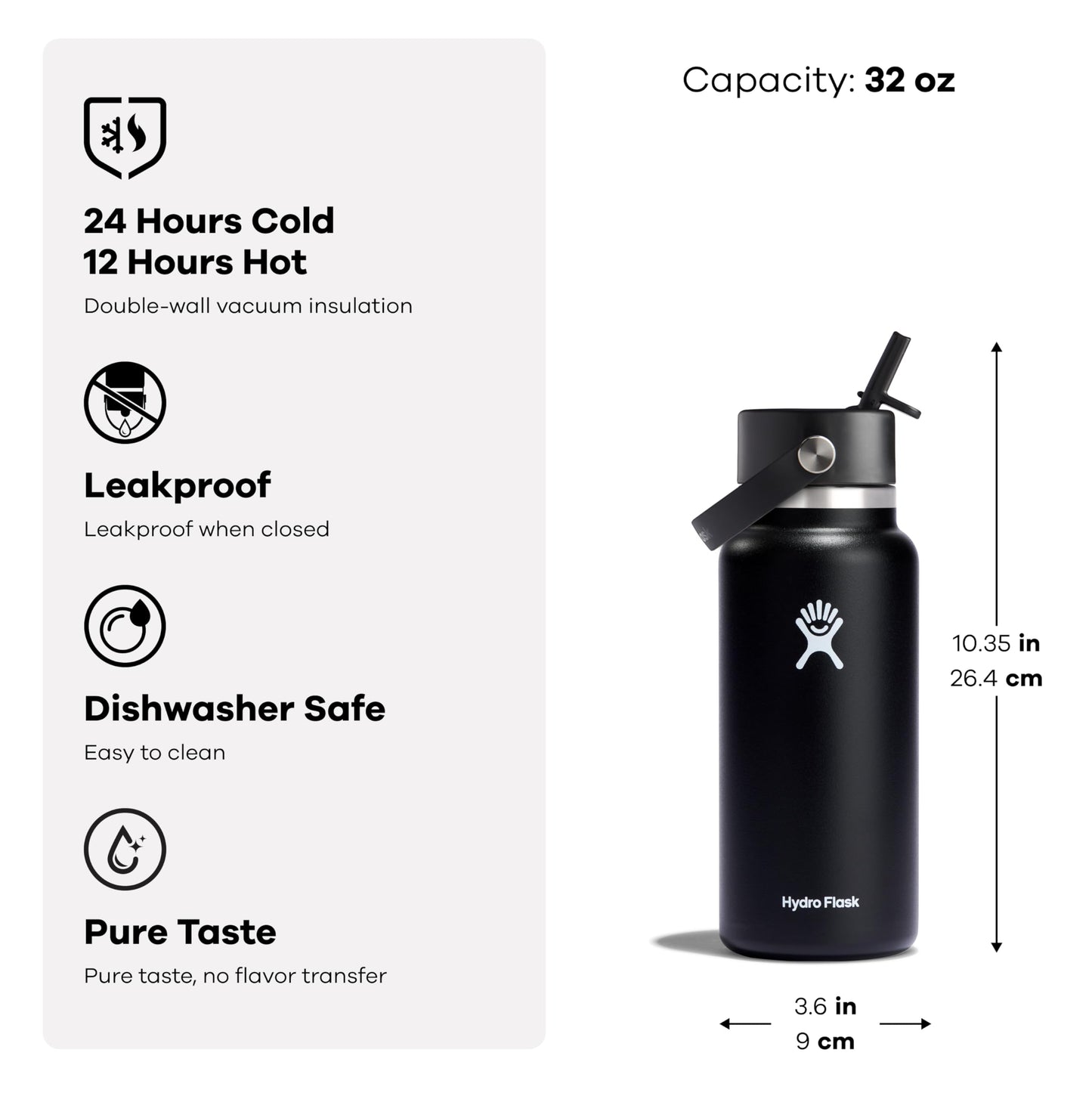 Hydro Flask Water Bottle - Insulated Stainless Steel - Wide Mouth Flex Straw Lid, Non Spill, Leakproof and Refillable in 32 Oz Tonal Oat