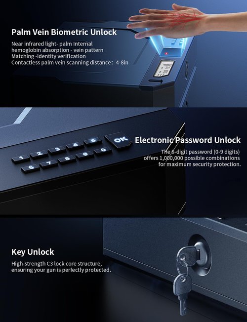 XEGIS SAFE World's 1st Palm Vein Biometric Gun Safe [0.09s Smart Unlock] [10X Military Anti-Pry/Drop] Handgun Pistol Safe with Keypad+Key Lock for Home Nightstand Bedside & Car - Space Grey