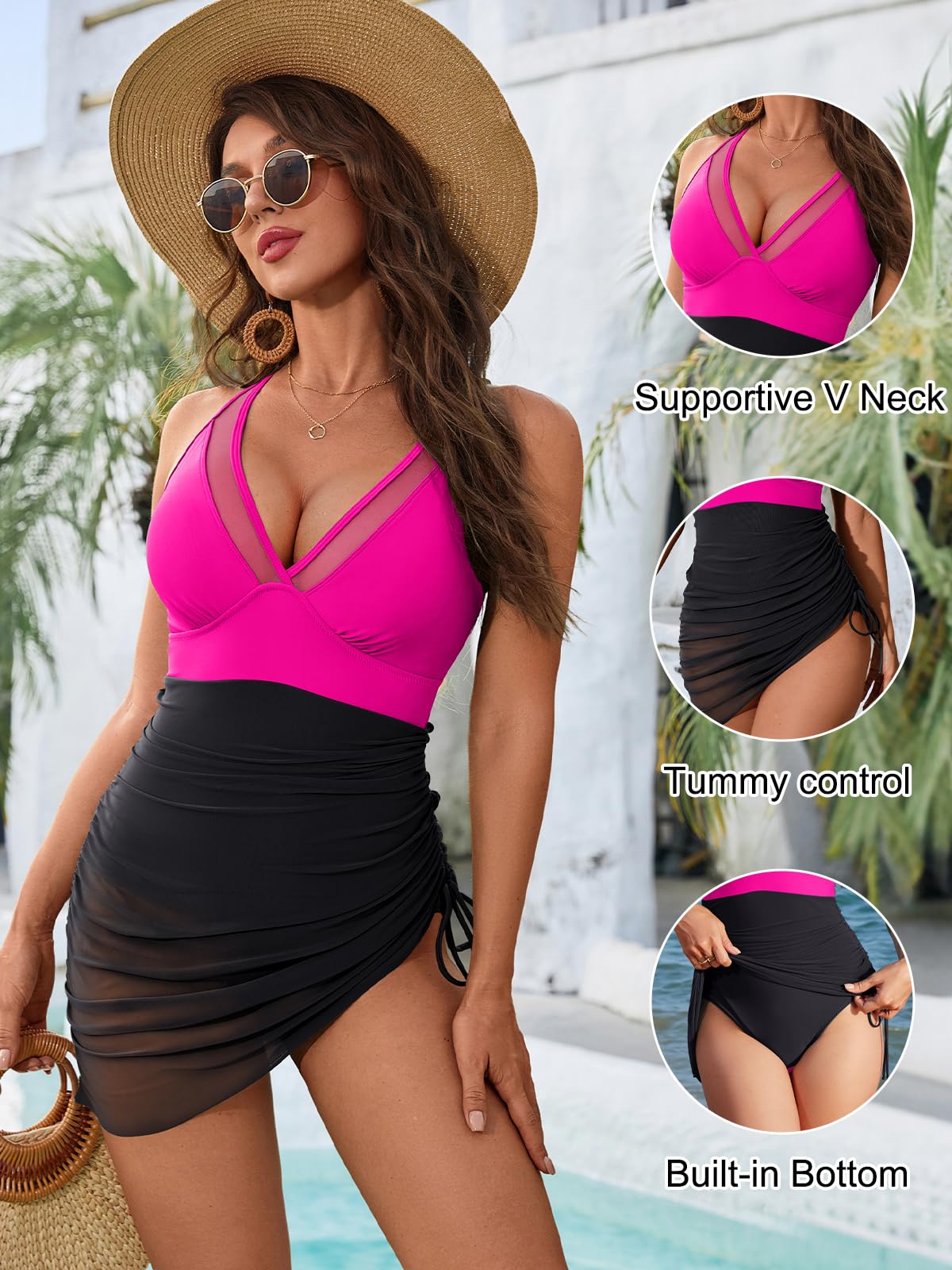 Blooming Jelly Women One Piece Swim Dress Tummy Control Swimsuits Modest Mesh Sheer V Neck Swimdress (S, Pink/Black)