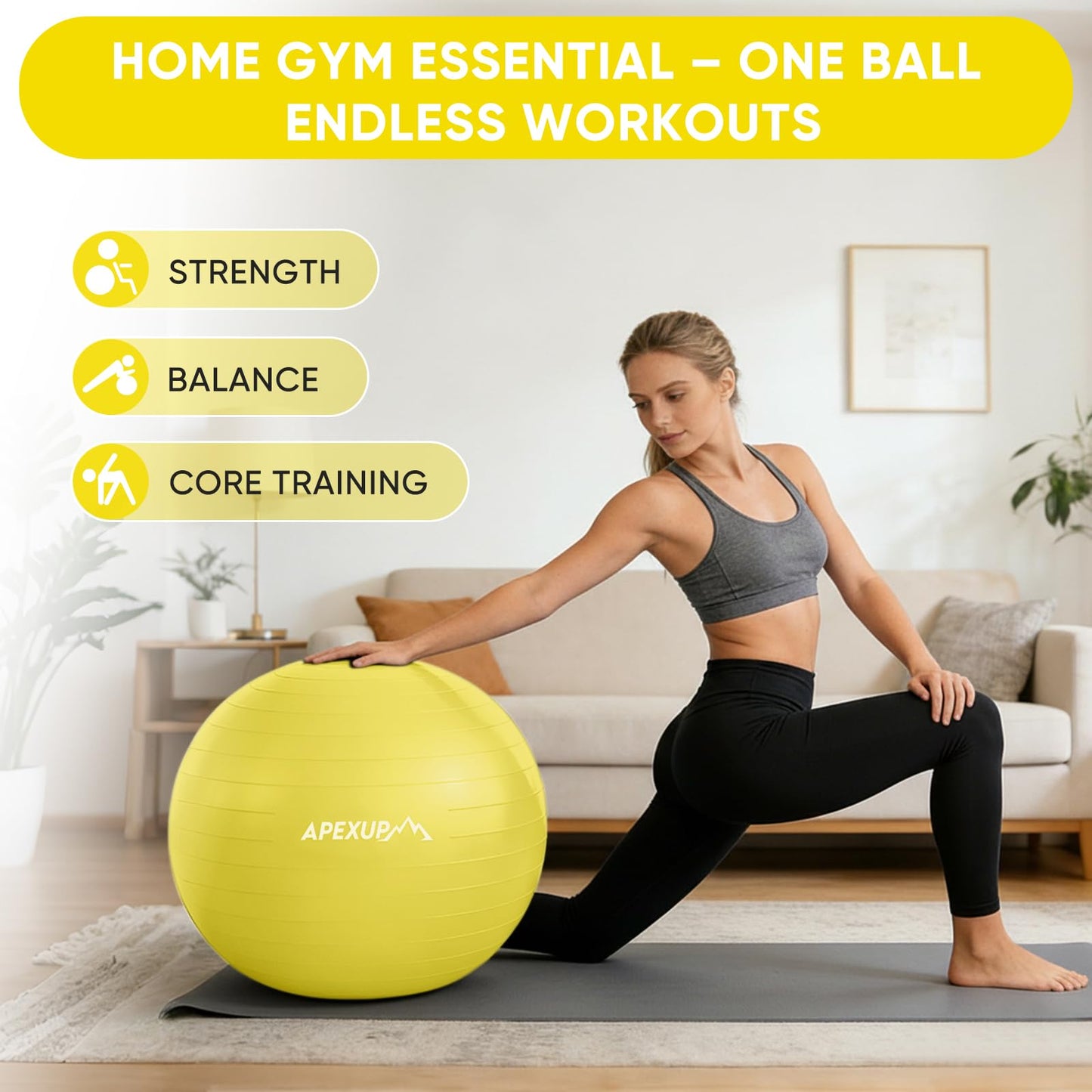 APEXUP Yoga Ball, 660 lbs Anti-Burst Exercise Ball with Pump, 5 Sizes