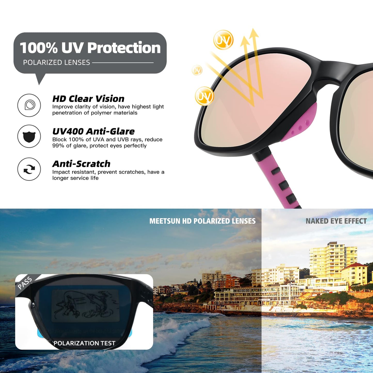 MEETSUN Polarized Sports Sunglasses for Women Men Driving Running Cycling Fishing Sun Glasses UV400 Protection Black Frame-Pink Mirror Lens