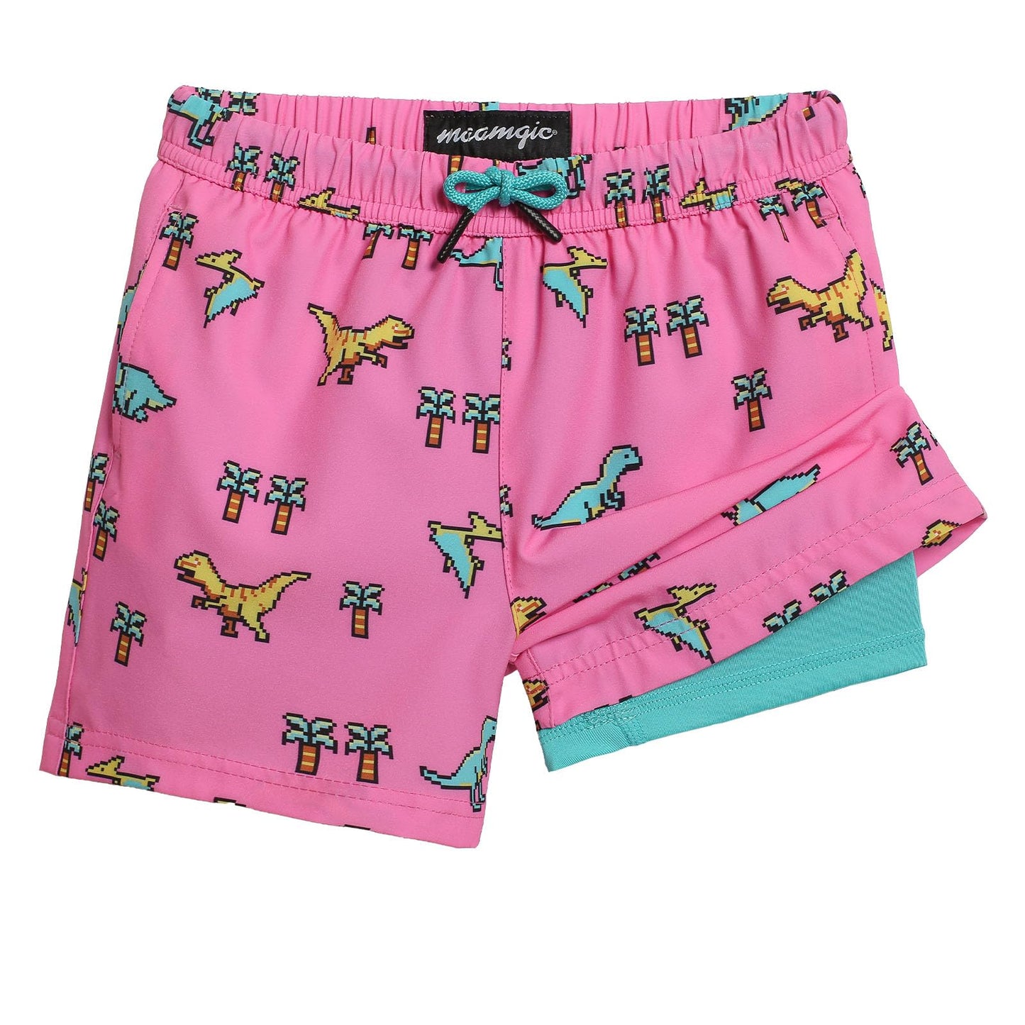maamgic Boys Swim Trunks with Compression Liner 4-Way Stretch Quick Dry Swim Shorts Swimming Trunks Toddler Boy Dinosaur Pink 10-12 Years