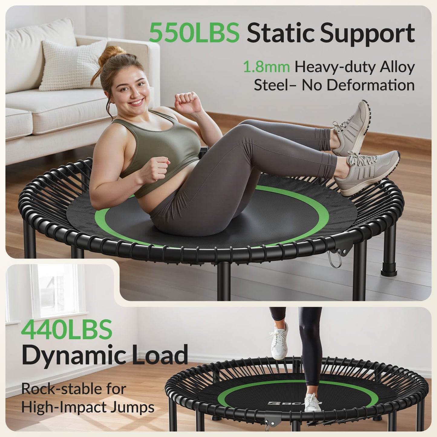 BCAN 48" Adult Fitness Trampoline with Durable Bungees, Stable & Quiet Exercise Rebounder,Great Mini Trampoline for Indoor/Garden Workout - Green