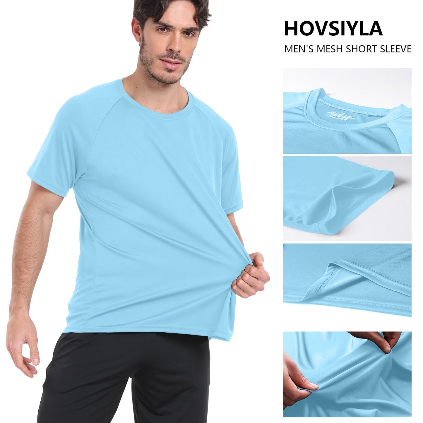HovSiyla 5 Pack Running Shirts Men Sport Tops Dry Fit Gym Wicking Athletic T Shirts Breathable Cool Workout Shirts Black White Purple Almond Haze-Blue Small