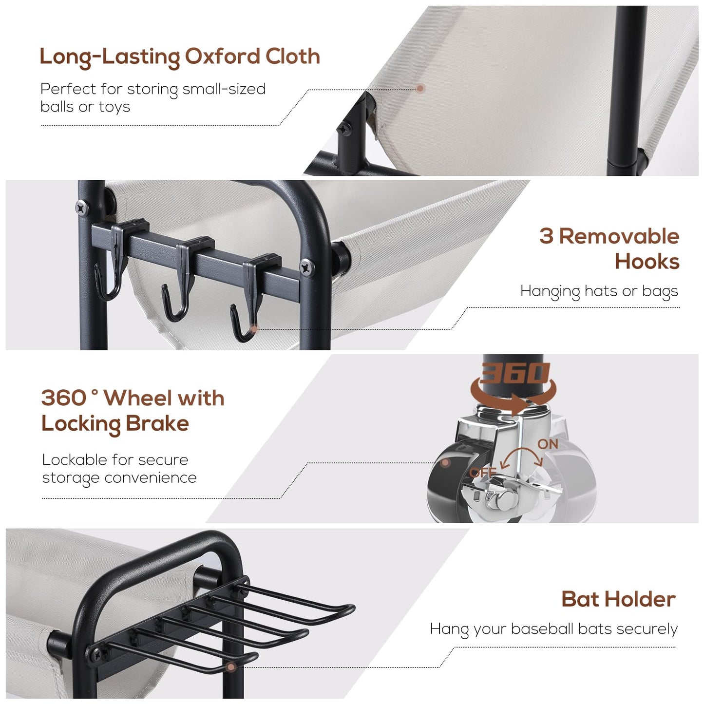 Holbrett Basketball Rack, Rolling Ball Storage Stand with Baseball Bat Holder Storage Cart and Movable Hooks 4-Layer Organizer Holder with Wheels for Volleyball Football Rugby Balls