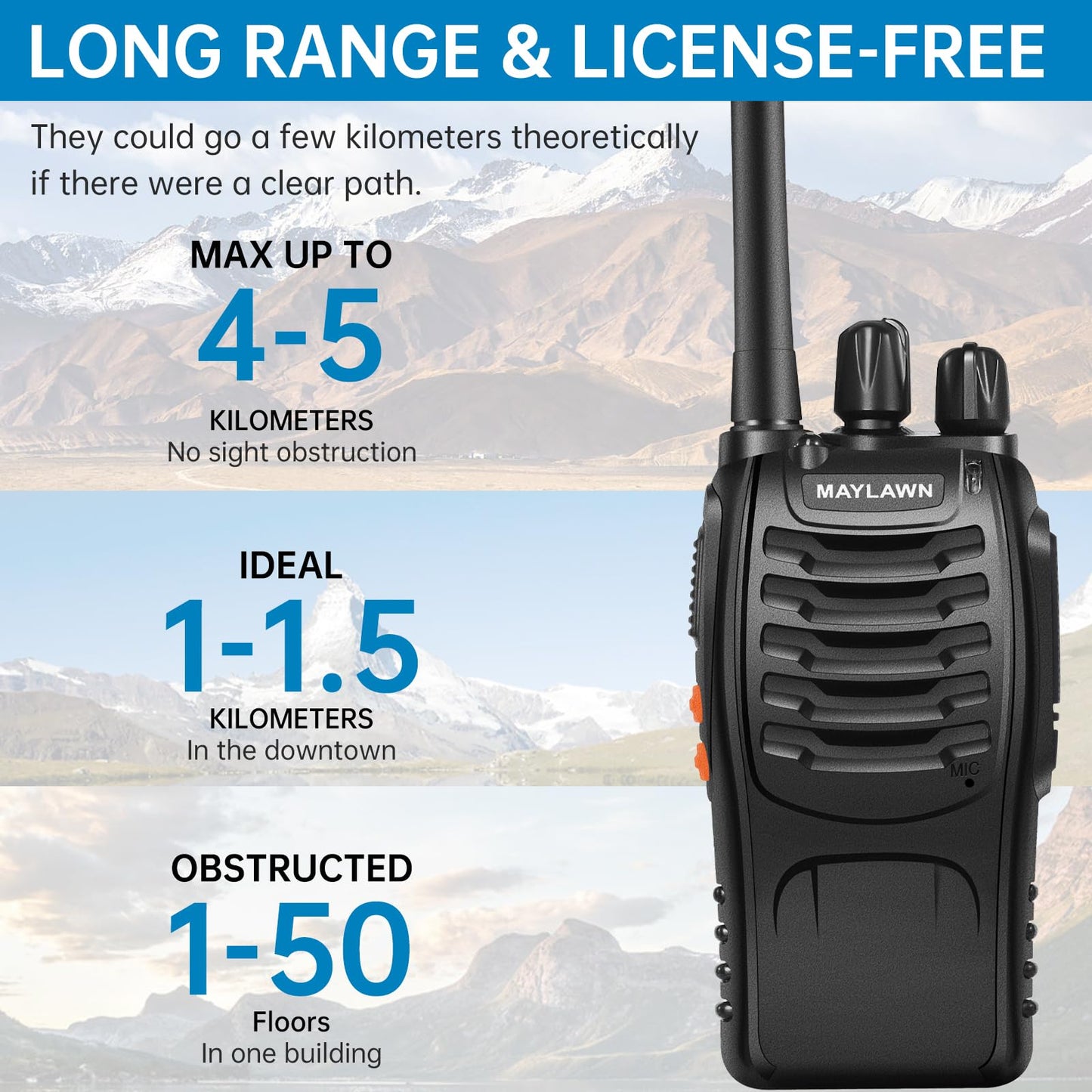 Maylawn Walkie Talkies Pack of 2, Walkie Talkies Long Range for Adults with Rechargeable Batteries, Two Way Radios with LED Light Earpieces and Chargers, 16 Channels, Supports VOX Function