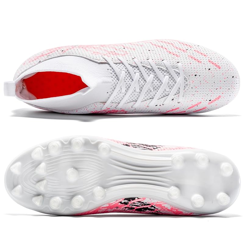 Unisex Soccer Cleats Lightweight No-Tie Lacing System - Pink/White 8.5 Women / 7 Men - Multi-Surface Football Shoes with Ankle Support